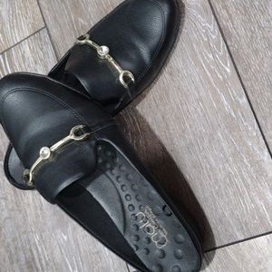 Malu black and gold low heel mules. Size 9